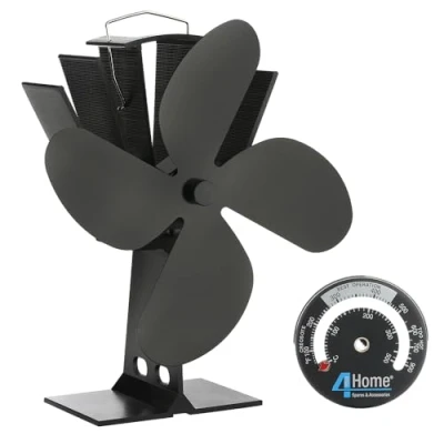 Image of 4YourHome Log Burner Stove Fan Wood Burning 4 Blades Heat Powered Fireplace Silenet with Thermometer Eco Friendly Circulation for Wood/Log Burner/Fireplace