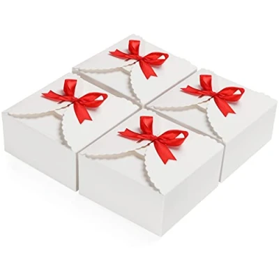 Image of Belle Vous 50 Pack Scalloped Kraft Paper Square Gift Boxes with Ribbon 12 x 6cm (4.72 4.72 2.36 inches) Small for DIY Wedding and Party Gifts, Favours &amp; Candy (White)