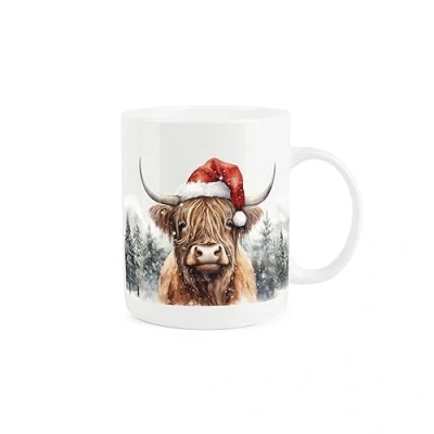 Image of Purely Home Highland Cow Mug Christmas Santa Hat Animal Gift/Present Tea Coffee White Bone China
