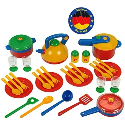 Image of Theo Klein 9194 Emma&#039;s Kitchen Large Set of Pots and Pans I Brightly Coloured, Robust Crockery With Pressure Cooker, Cooking Utensils, Frying Pan Lots More