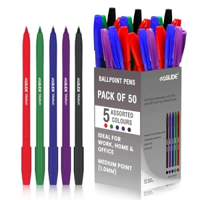 Image of Eziglide Ballpoint Pen Assorted, Pack of 50 Pens, Smooth Writing Action Medium Point (1.0mm) Coloured Pens Multipack, Ball Pens; Ideal for School, Home or Work Stationery Supplies