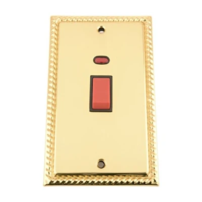 Image of Cooker Switch w/Neon 45 Amp Tall Plate Polished Mirror Brass Georgian Black Insert