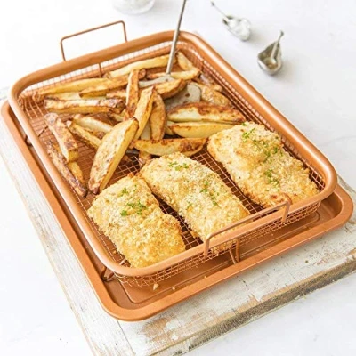 Image of HID Interior Copper Crisper Non Stick Oven Baking Tray with Crisping Basket, 2 Piece Set (Pack of 1)