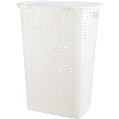 Image of 53 Litre Large Plastic Laundry Basket with Lid Rattan Washing Clothes Storage Hamper Bin (White)