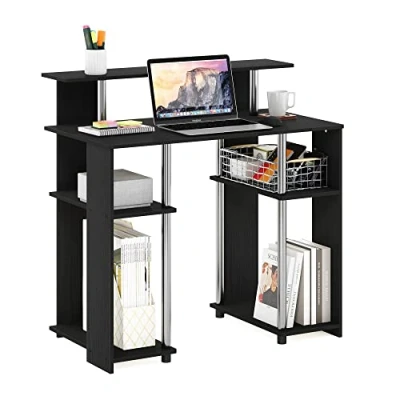 Image of Furinno Computer Writing Desk, Engineered Wood, Americano/Stainless Steel, 51.49 (D) x 90.5 (W) 90.6 (H) cm