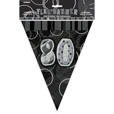 Image of Unique Party 55359 12ft Foil Glitz Black 80th Birthday Bunting Flags