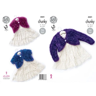Image of King Cole 4441 Knitting Pattern Girls V and Round Neck Boleros to Knit in Tinsel Chunky