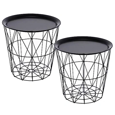 Image of Carousel Home Set of 2 Black Geometric Wire Storage Side Tables Basket Storage, Coffee End with Tray Tops Pedestal Bedside
