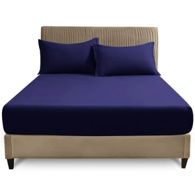 Image of Easy Care Fitted Sheets Super King, Poly Cotton Corner Elastic Bed Sheet, Luxury Bedding &amp; Linen, Navy