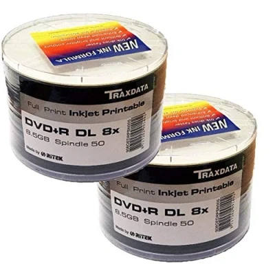 Image of 100 Traxdata DVD+R Double Layer DL 8x 8.5GB 240 minutes Ritek White Inkjet Blank Printable Dual Discs Shrinkwrap