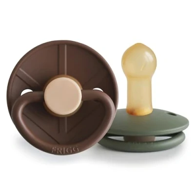 Image of FRIGG Little Viking Latex Pacifier Pack of 2 Pacifiers Natural Rubber Soother Dummy BPA Free Made in Denmark Symmetrical Cherry Shaped Nipple (Cocoa/Olive, Size (6 18 Months))