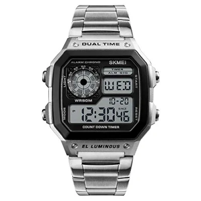 Image of SKMEI Silver Smart Mens Digital Watch Clear Large Display Stainless Steel Strap Date Alarm Stopwatch DG1335S