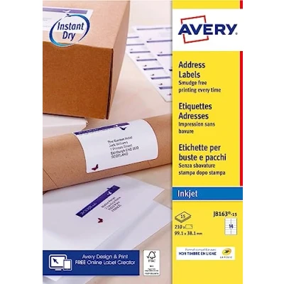 Image of AVERY 210 Custom White Self Adhesive Address Labels Format 99.1 x 38.1 mm Inkjet Printing