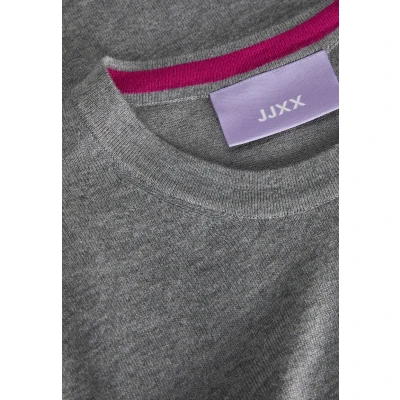 Image of JJXX Women&#039;s JXCARA Comfy Crew Neck Knit Long Sleeve Top, Medium Grey Melange/Detail:/Fuchsia Red, XS