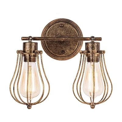 Image of Luling Industrial Wall Sconce Rustic Loft Antique Lights Wire Cage Adjustable Socket Edison Vintage Metal Retro Lamp Fixtures for Bedroom Gazebo (No Bulb) (with 2 Light) (Bronze)