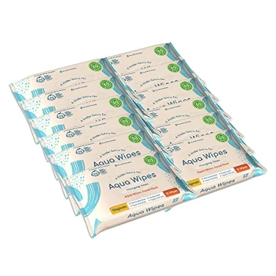 Image of Aqua wipes Originals (Travel size) Baby Biodegradable 99.6% Purified Water Paediatrician tested Plastic free with Organic Aloe Vera Extract 12 packs, per pack