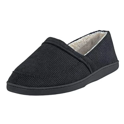 Image of E G O Mens Slippers Traditional Style Black Cord Fabric Upper Soft Micro Towel Lining Cushioned Insole Non Slip Hard Sole 8 UK
