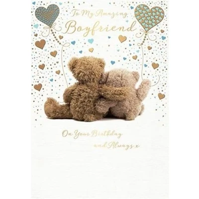 Image of Words and Wishes Amazing Boyfriend Birthday Card Cuddling Teddy Bears Love Hearts with Embossed Foil Finish