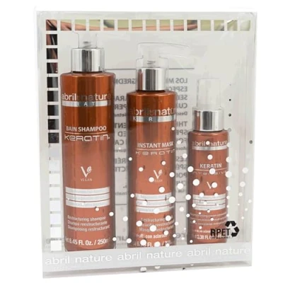 Image of abril et nature Professional Keratin Hair Care Set Repairs and Restructures with Ultra Fast Shampoo, Mask, Serum Pack for Damaged or Brittle 550 ml