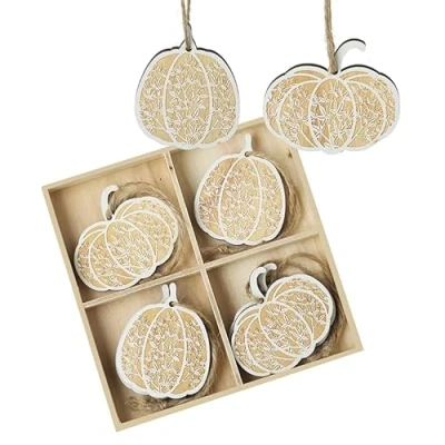 Image of Heaven Sends Set of 8 Assorted Wooden Hanging Pumpkins Decoration 6cm x 5cm Autumn Pumpkin Themed Décor Halloween Perfect for Home, Kitchen, Living Room