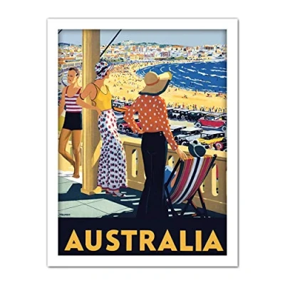 Image of Wee Blue Coo Australia Travel Bondi Beach Sea Sun Artwork Framed Wall Art Print 18X24 Inch