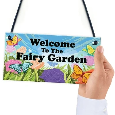 Image of Red Ocean Welcome To The Fairy Garden Sign Hanging Wall Plaque Summerhouse Shed Playhouse