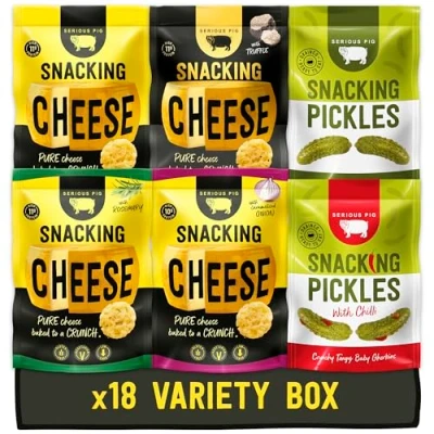 Image of SERIOUS PIG Cheese &amp; Pickles Hamper Crunchy Baked Italian Pickled Gherkin Snacks Savoury Pub Snack Gift Box (18 Packs)
