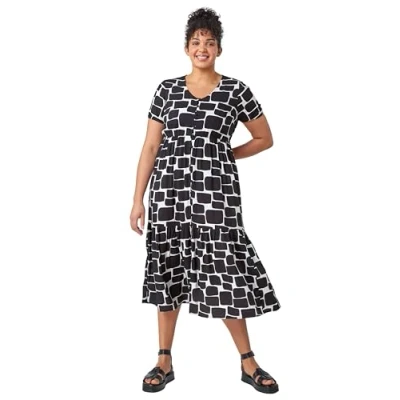 Image of Roman Curve Paisley Tiered Frill Midi Dress for Women UK Ladies Everyday Holiday Spring Summer V Neckline Comfy Soft Evening Vacation Work Party Black Size 22