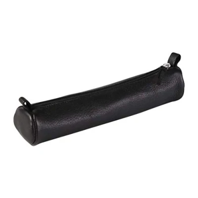 Image of Clairefontaine Ref 8327C Cuir&#039; Aged Leather Small Round Pencil Case 18cm x 3.5cm, Made From Genuine Lambskin Leather, Metal Zip With Puller Black