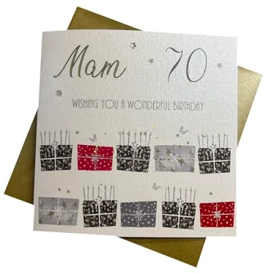 Image of WHITE COTTON CARDS 70 Wishing You A Wonderful Mam,Handmade 70th Birthday Card (Red Pressie)