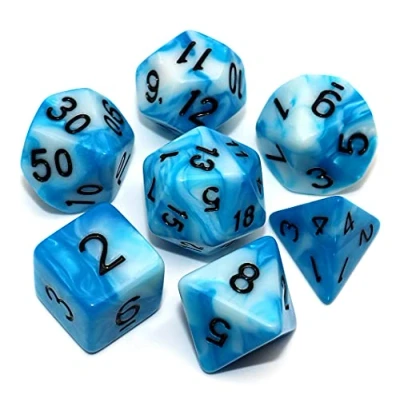 Image of CREEBUY DND Polyhedral Dice Set Blue &amp; White for Dungeon and Dragons D&amp;D RPG COC Role Playing Games Tabletop 7 Die with Bag