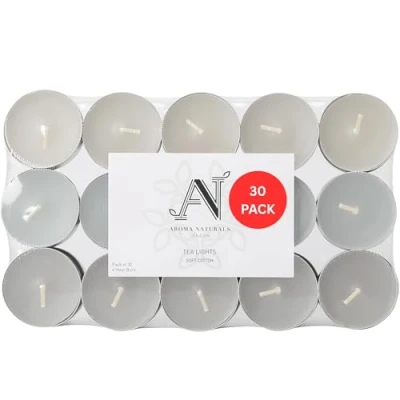Image of Aroma Naturals London Scented Tealight Candles Bag 4 Hour Burn Time Standard Size D3.77 x H1.45cm Three Tone Coloured Wax &amp; Aluminium Cups Pack of 30 Tea Lights Scent (Soft Cotton)