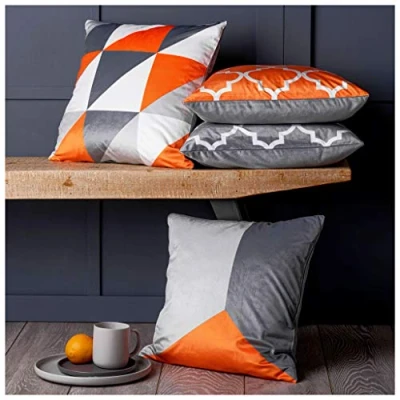 Image of Red Rainbow Pack of 4 Grey &amp; Orange Soft Mink Velvet Geometric Print Design 18 inch Cushion Covers