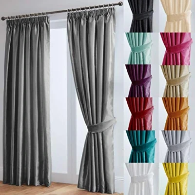 Image of John Aird Luxury Faux Silk Fully Lined Pencil Pleat Curtains With Matching Tie Backs (Grey, 168cm Width x 183cm Drop (66&quot;x72&quot;)