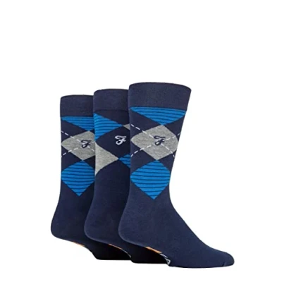 Image of Mens 3 Pair Farah Argyle, Patterned and Striped Cotton Socks Navy / Blue Argyle 6 11