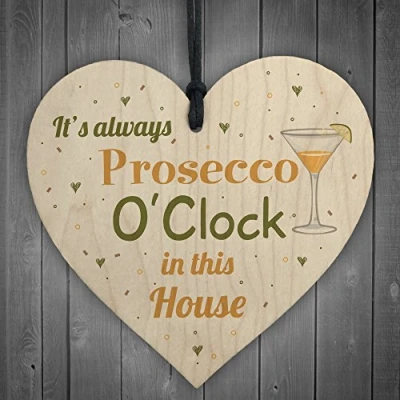 Image of RED OCEAN Prosecco O&#039;Clock Friendship Wooden Hanging Heart Plaque Birthday Gift Alcohol Garden Kitchen Sign