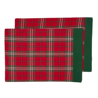 Image of HOMESCAPES Christmas Placemats 2 Pc Set Edward Tartan Check X Mas design 100% cotton White Green and Red Colour Washable at Home
