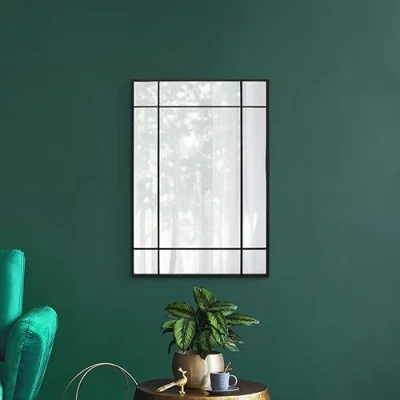 Image of MirrorOutlet The Fenestra Black Modern Contemporary Wall Mirror 39&quot; X 27&quot; (100CM 70CM) Silver Glass with Metal Frame.…
