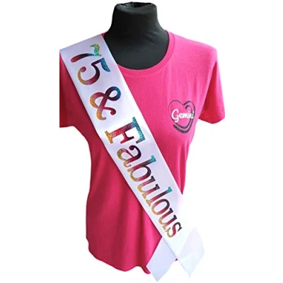 Image of Gemini Ribbons White and Rainbow 75 Fabulous 75th Birthday Sash Holographic Party Womens Mens Gift