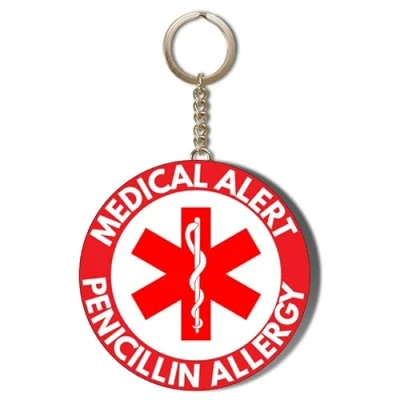 Image of Gift Insanity MEDICAL ALERT RED BACKGROUND PENICILLIN ALLERGY 58mm LONG CHAIN KEYRING