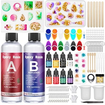 Image of AOLLEN Epoxy Resin Kits for Beginners, 400ml Crystal Clear Accessories with Moulds, Pigment, Glitter, Gold Leaf, Dried Flowers, Starter Kit Jewelry Making