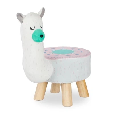 Image of Relaxdays Animal Stool for Kids, Plush Cover, Ottoman Children, Lama Design, White