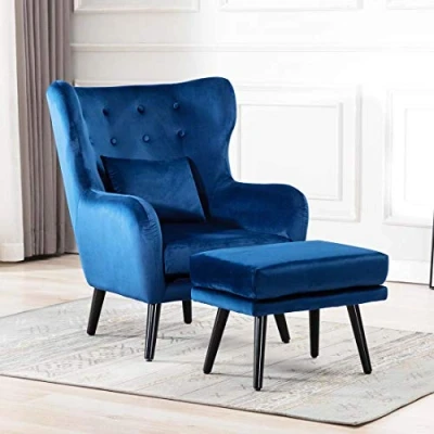 Image of GTFORCE WINSLOW WING BACK OCCASIONAL LIVING ROOM BUTTON VELVET FABRIC ACCENT CHAIR w STOOL ARMCHAIR