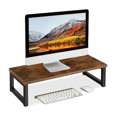 Image of Relaxdays Monitor Stand, Screen Raiser for Desk, Office and Home, HxWxD: 15 x 55 23 cm, Industrial Design, Brown/Black, Alloy Steel Fibreboard
