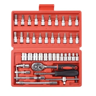 Image of 46 Piece 1/4&quot; Drive Socket Wrench Driver Bits Metric Set Flexible Extension Rods with 72 Teeth Reversible Ratchet Spanner for Car Bicycle Motor