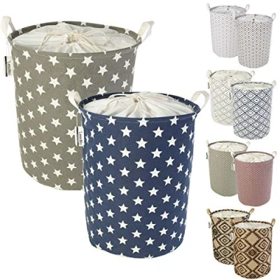 Image of LessMo 2 Pcs 19.7&quot; Laundry Basket, Foldable Basket Storage Sorter, Drawstring Waterproof Closure for Dust proof, Room, Large Cotton and Linen Fabric