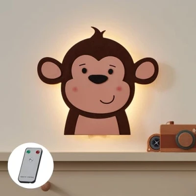 Image of Lights4fun Battery Operated Dimmable LED Monkey Wall Light Children&#039;s Bedroom Nursery Decoration with Remote and Timer 25cm