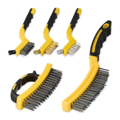Image of Relaxdays Wire Brush, Set of 5, Stainless Steel, Nylon &amp; Brass Bristles, Plastic Handle, 34 x 2.5 11 cm, Yellow/Black, 31 20 25 cm