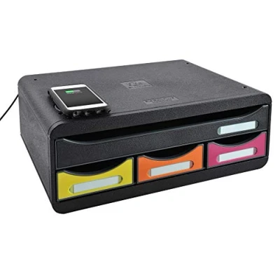 Image of Exacompta Ref 319798QID Iderama Collection Toolbox Monitor Riser with QI Wireless Phone Charger 270 x 355 135mm in Size, Suitable for A4+ Documents, Charging Phones