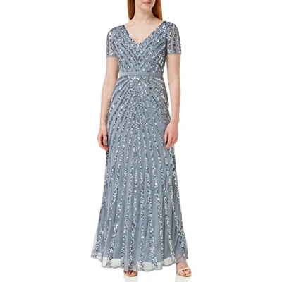 Image of Maya Deluxe Women&#039;s Maxi Ladies Embellished Sequin Dress Long Short Sleeve V Neck High Empire Waist A Cut Shiny Prom Wedding Bridesmaid, Dusty Blue, 16